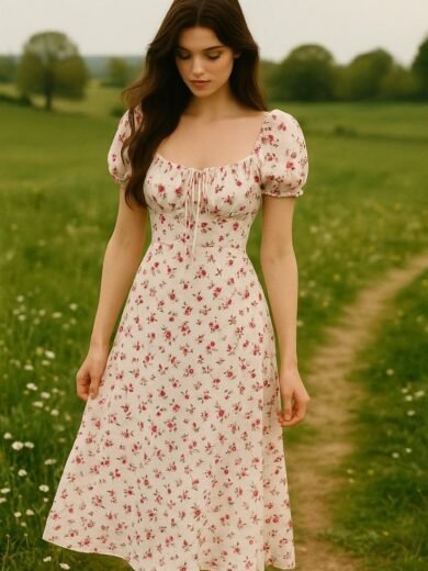 Cottage Core Floral Midi Dress" or "Rose Print Puff Sleeve Dress