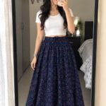 Navy Blue Printed Cotton Maxi Skirt