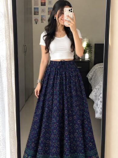 Navy Blue Printed Cotton Maxi Skirt