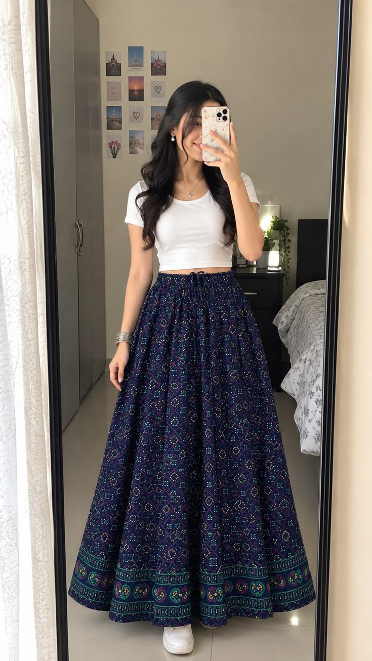 Navy Blue Printed Cotton Maxi Skirt
