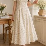 Ivory Floral Puff-Sleeve A-Line Midi Dress
