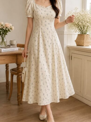 Ivory Floral Puff-Sleeve A-Line Midi Dress