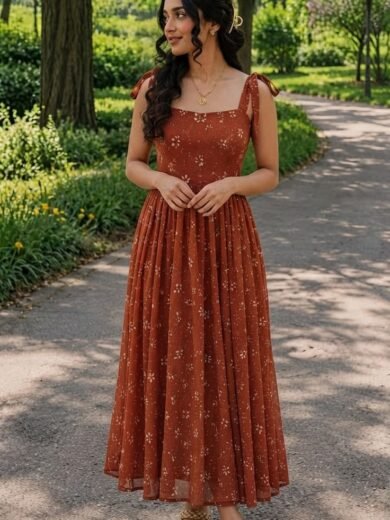 Orange Floral Tie-Strap Maxi Dress