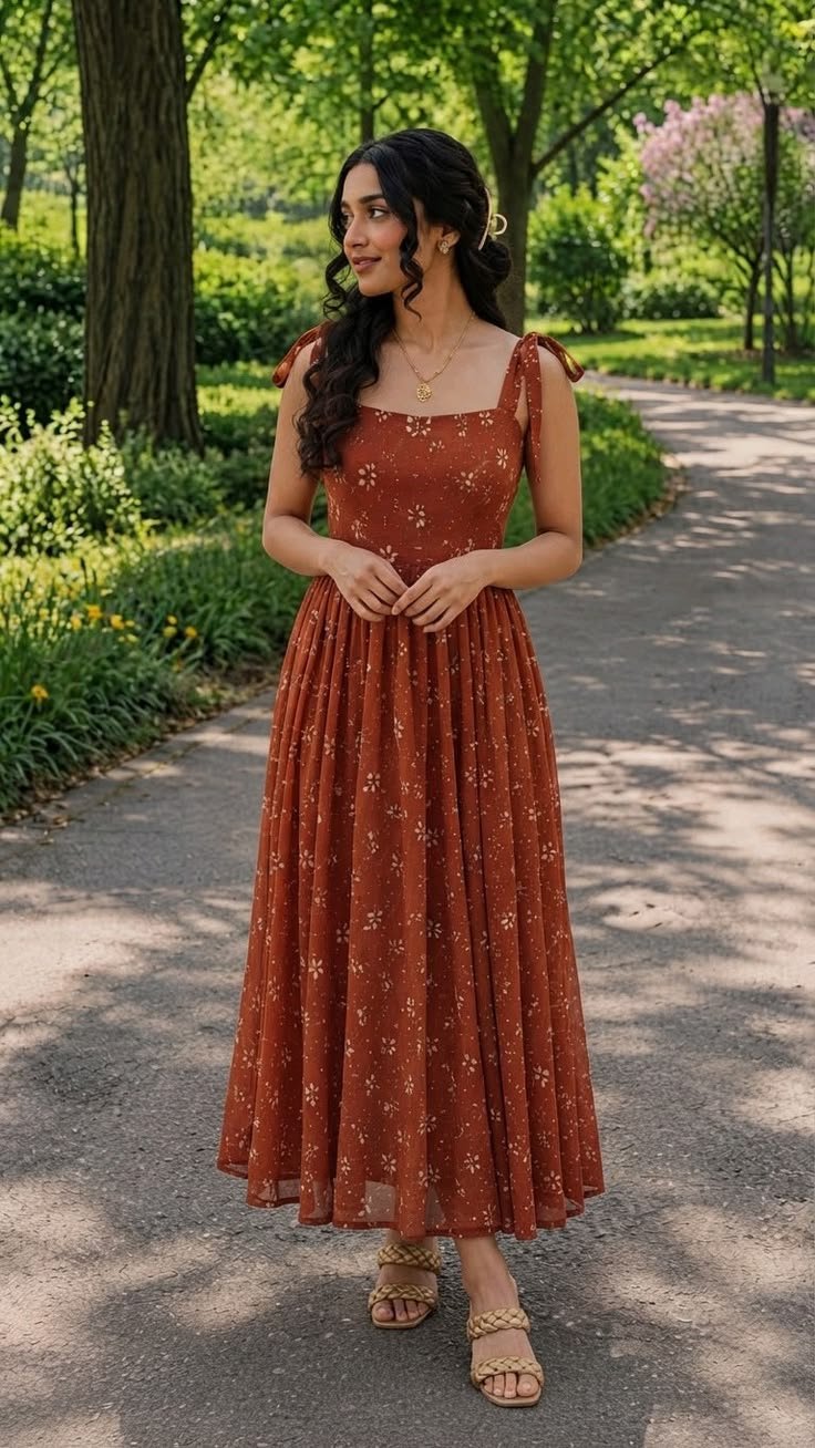 Orange Floral Tie-Strap Maxi Dress