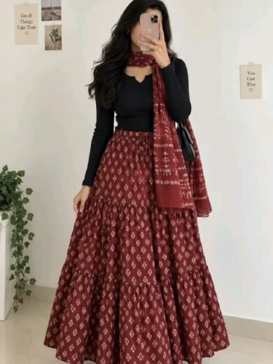 Maroon Printed Ethnic Maxi Skirt Set