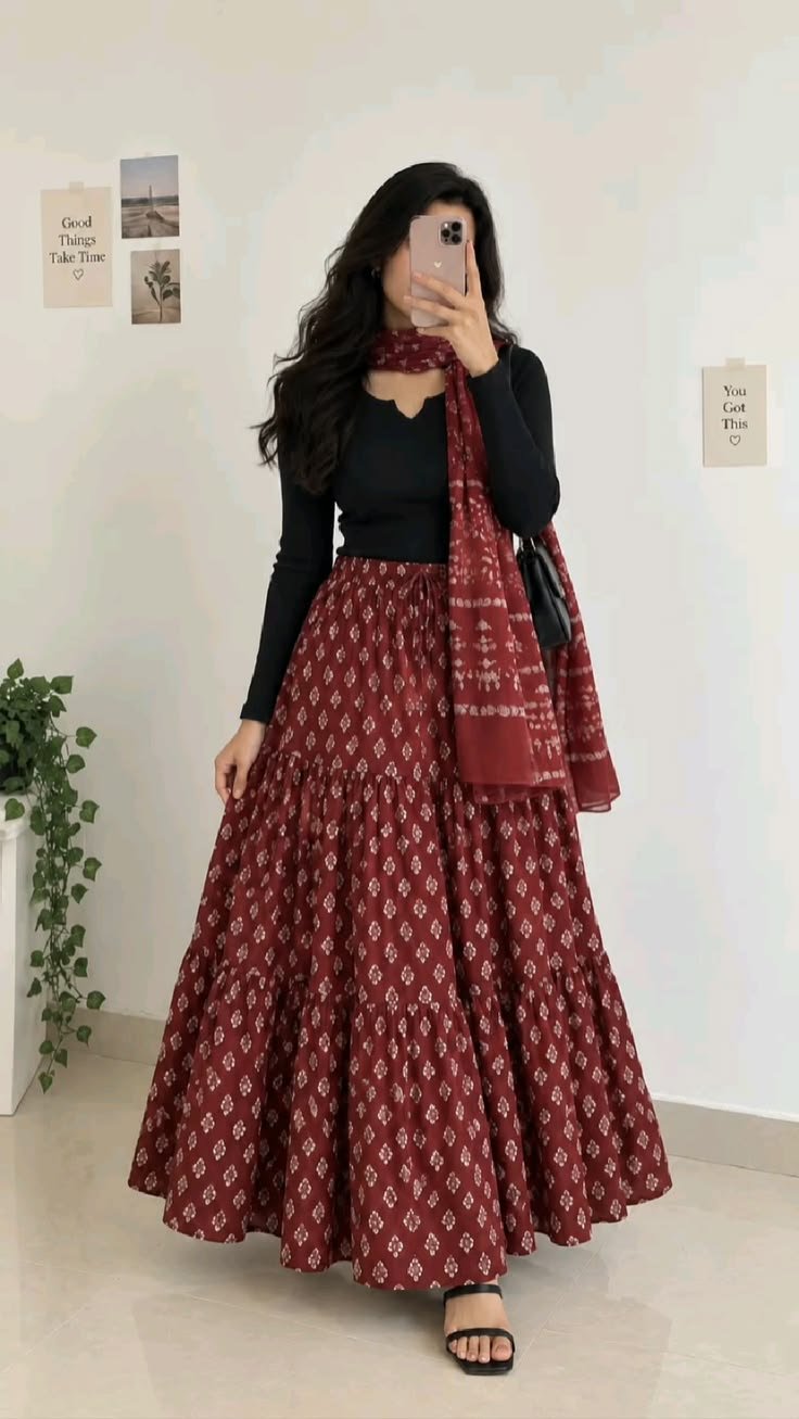 Maroon Printed Ethnic Maxi Skirt Set