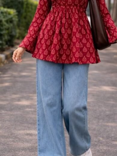 Maroon Printed Peplum Kurti with Blue Jeans