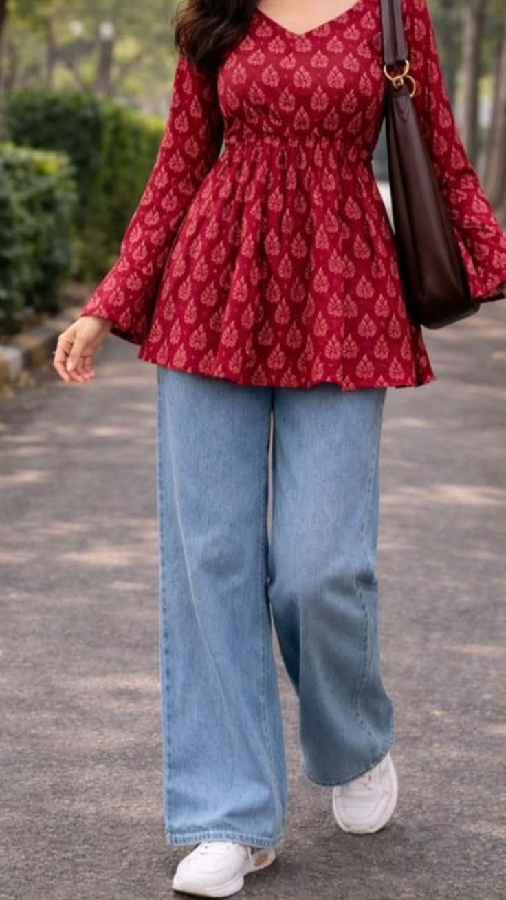 Maroon Printed Peplum Kurti with Blue Jeans