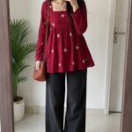 Maroon Embroidered Peplum Kurti with Black Pants