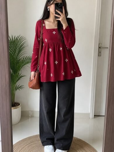 Maroon Embroidered Peplum Kurti with Black Pants