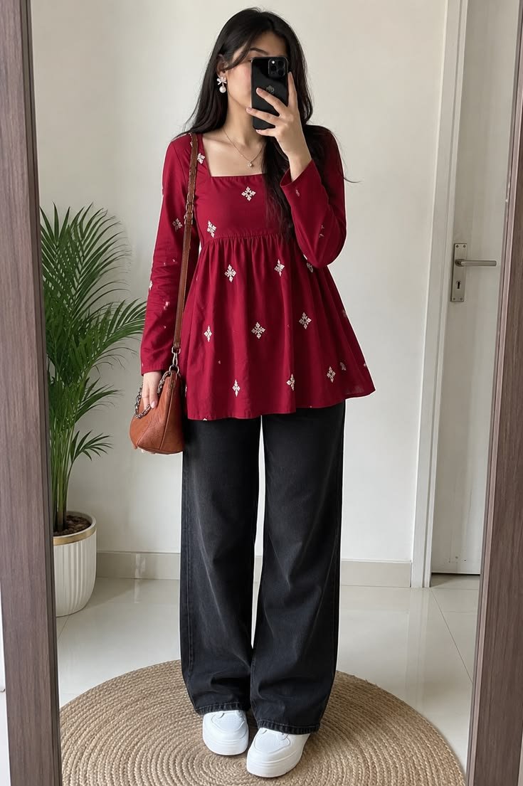 Maroon Embroidered Peplum Kurti with Black Pants