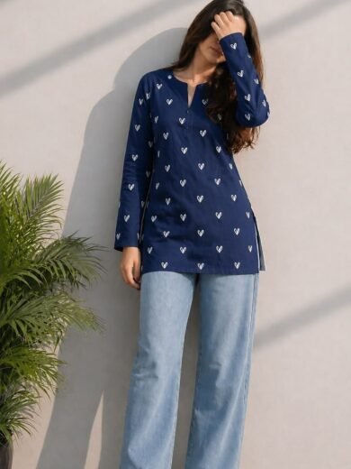 navy Blue Heart Print Tunic Top with Jeans