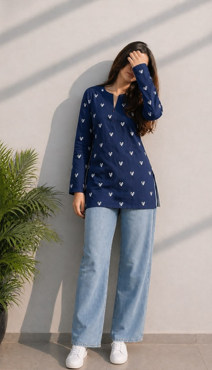 navy Blue Heart Print Tunic Top with Jeans